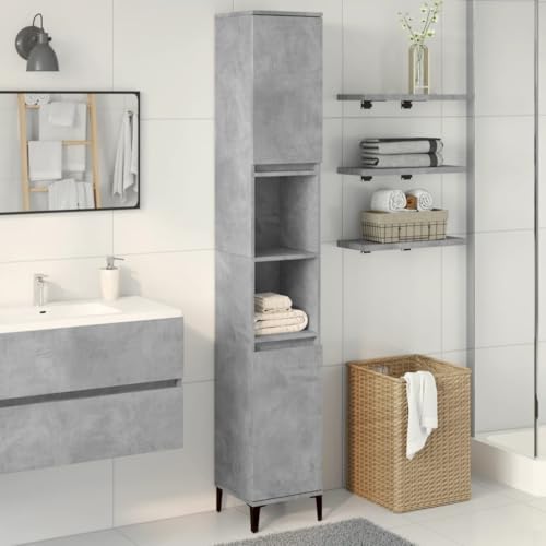 Brokky Armario de baño Madera Muebles auxiliares de baño Bathroom Cabinet Mueble de baño contrachapada Gris hormigón 30x30x190 cm / 857104