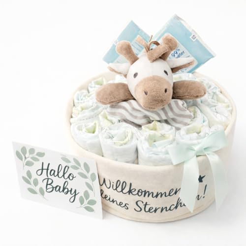 Windeltorte neutral | Taufgeschenk | Geschenk zur Geburt | Canvaskorb Ø 25 cm | 18 Premiumwindeln Größe 2 | Zebra Schmusetuch | 2x Feuchttücher | Grußkarte „Hallo Baby“