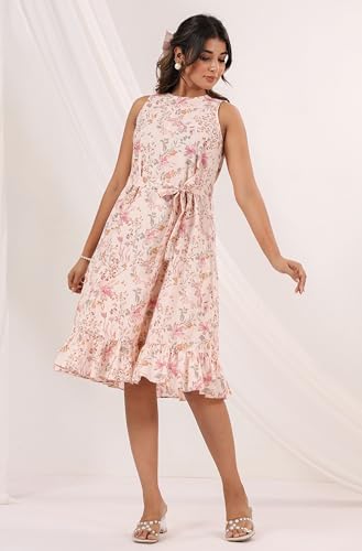 Image of Janasya Women's Peach Pure Cotton Floral Printed A-line Dress