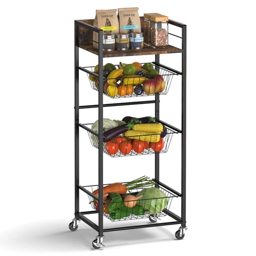 Sunexinlo 4-Tier Kitchen Rolling Cart with 3 Pull-Out Wire Baskets,