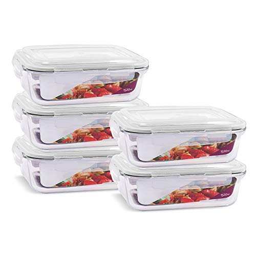 KIT 5 Potes de Vidro Retangular com Tampa Hermética 1520ml Cor:Branco (QH)