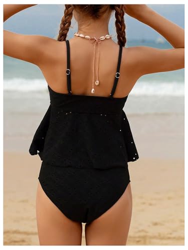 OYOANGLE Girl's 2 Piece Tankini Swimsuit Ring Linked Eyelet Embroidery Swimsuit Bathing Suit3