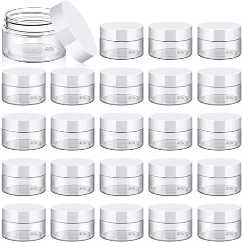 TUZAZO 24 Pack 1 Oz Small Plastic Container Jars with Lids and Labels BPA Free, Empty Round Clear Cosmetic Containers Plastic Slime Jars for Lotion, Cream, Ointments, Samples, Travel Storage (24)