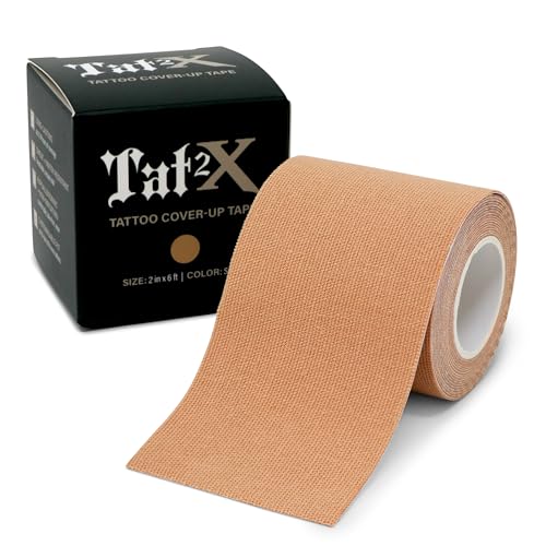 Tat2X Tattoo Cover Up Tape – New Long Lasting Adhesive – Sweat-Resistant, Water-Resistant, Hypoallergenic, Breathable, Latex-Free – Easy Apply To Neck, Fingers, Hands – Suntan – 6ft x 2in Roll