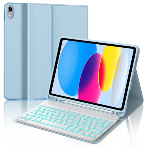 Clavier iPad (A16) 11ème Génération 11 Pouces 2025/iPad 10ème Génération 10.9” 2022, Coque Clavier AZERTY sans Fil Bluetooth Eclairage 7 Couleurs pour iPad 10eme/11eme avec Porte Crayon, Bleu Ciel