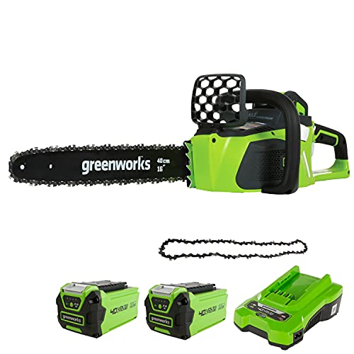Greenworks 40V Akku-Kettensäge mit Bürstenlosem Motor, 40cm Schwertlänge, inklusive 2 Akkus 2Ah und Ladegerät - 20077UC…