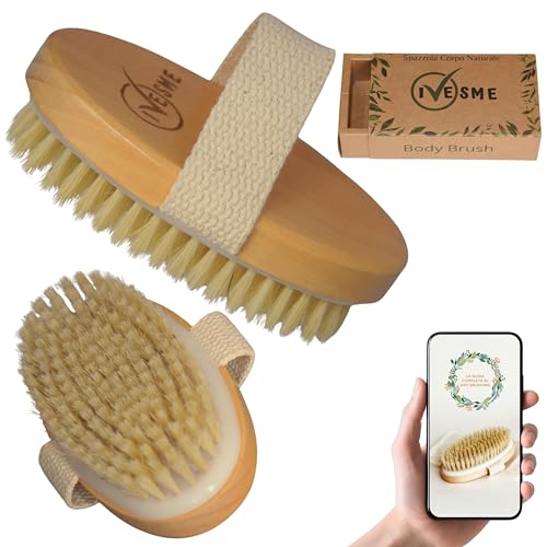 Spazzola Corpo a Secco Setole Naturali e GUIDA al Dry Brushing Corpo - Spazzola cellulite - Spazzola a Secco Corpo Esfoliante per una Pelle subito Liscia e Tonica Stimola la Circolazione