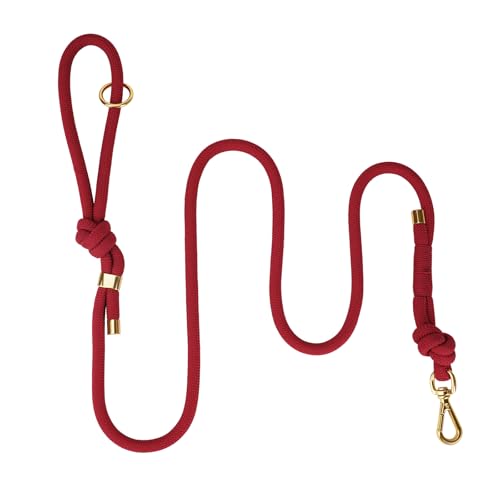 Sunraymascota 5FT No Pull Dog Leash for Medium Large Dogs - Rope Leash with Non Slip Handle & Metallic Golden-Toned Carabiner Clip (Burgundy Red)