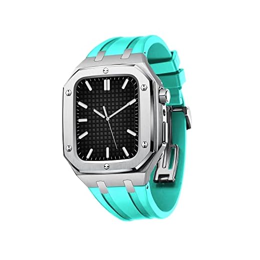 BUDAY Para Apple Watch Band Series 8 45mm 44mm Homens Mulheres Caixa de Metal Militar Com Pulseira de Silicone Amortecedor À Prova de Choque Para IWatch Série 7/SE/6/5/4 Lindo Presente (Cor: Prata