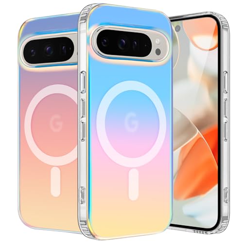 Coque Irisée pour Google Pixel 9 ou 9 Pro, pour MagSafe, Magnétique Étui Dos Mate Translucide Fluorescente Colorée Légère Paillettes Housse pour Femmes et Filles, Iridescente