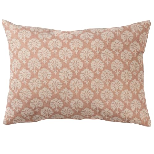 Linen Loft Wildflower Boudoir Cushion in Soft Pink. Block-Print Floral, Blossoms and Botanical Design, Multicoloured. 17x12 Rectangle Cushion Cover