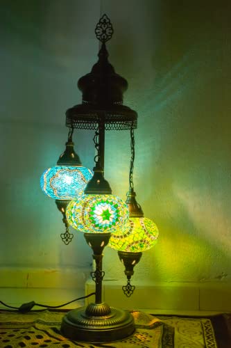 Mozaist 3 Light 34” Turkish Moroccan Floor Lamp, Mosaic Bedside Handmade Antique Corner Light For Rustic Home Décoration, Tiffany Style Nightstand 3 Lampshade With Us Plug & E12 Socket (Lake Green) #TOP6
