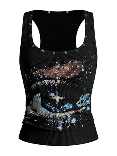 BEAUDRM Womens Graphic Tank Top Gothic Studded Rave Tops Y2k Grunge Top
