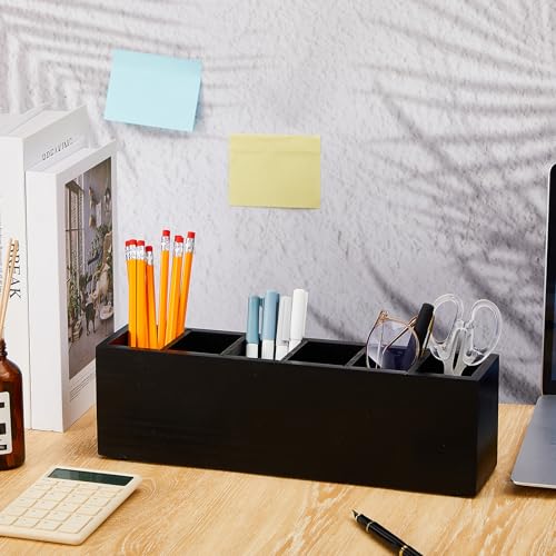 Image of Jetec Wooden Pencil Pen Holder for Desk 6 Compartments Cosmetic Makeup Brush Stationery Office Desktop Organizers for Countertop Adjustable Silverware Caddy for Party, Art Supplies, Home Decor(Black)
