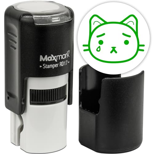 MaxMark RD17 Round Self Inking Cat Emoji Stamp - Sad - Green Ink