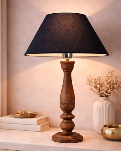 Image of Homesake Handcrafted Wooden Table Lamp for Bedroom & Living Room | Decorative Bedside Reading Lamp with Fabric Shade, E27 Holder | Bulb Included | Black Floral Carved Base for Home Decor, Blue Cone