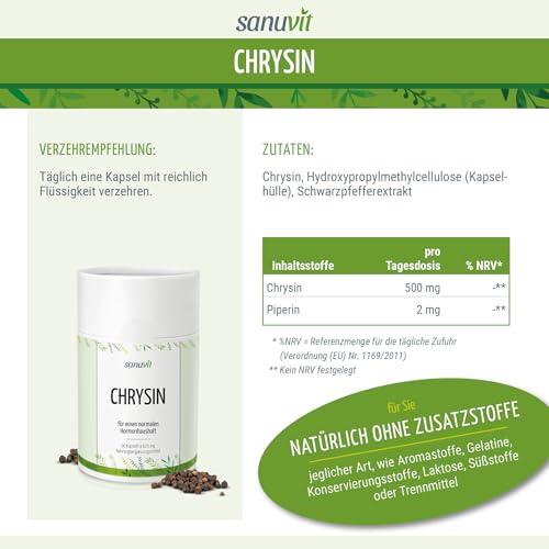 Sanuvit® - Chrysin | 100% Natürliches Chrysin | Hohe Bioverfügbarkeit durch Schwarzpfeffer-Extrakt | 500mg pro Tagesdosis/Kapsel | 90 Kapseln | Direkt vom Hersteller | Qualität aus Österreich