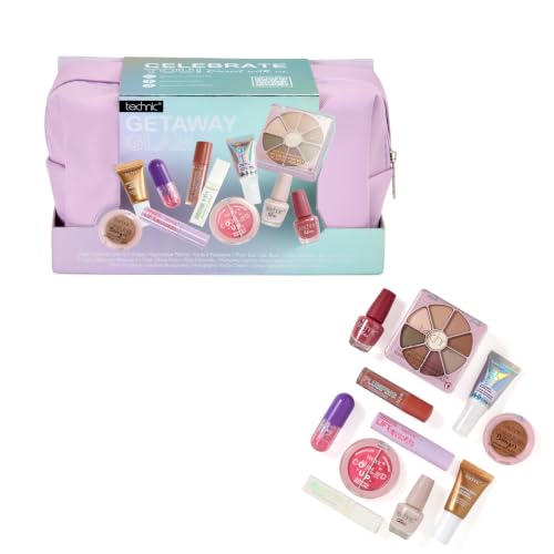 Image of Technic Getaway Glam Mini Beauty Essentials 12 Piece Cosmetic Bag | Travel Size Makeup Gift Set, Eyeshadow, Mascara, Brow Fixer, Lipgloss, Nail Varnish, Bronzing Drops, Vegan