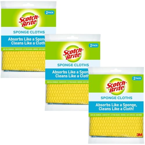 Scotch-Brite Sponge Cloth – 6-Pack (3 Packs of 2 Each), Reusable and Washable, Highly Absorbent, Multi-Purpose Cleaning Cloths