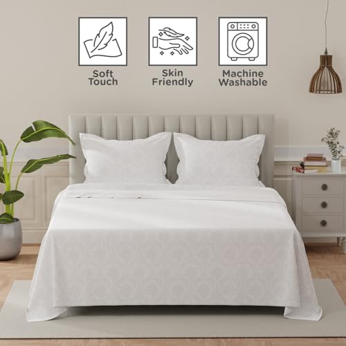 Image of Layers 100% Cotton Bedsheet for King Size Bed | Lumina Floret Collection | 144 TC Soft & Breathable | Printed with 2 Pillow Covers | Wrinkle Free & Colorfast | 3 Piece Bedding Set - White & Grey
