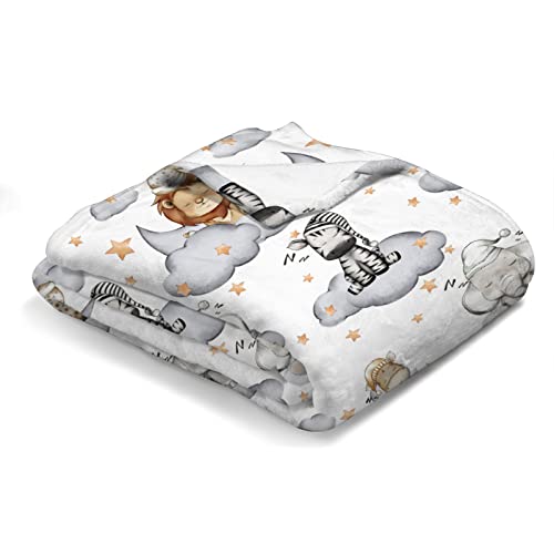 Baby Toddler Safari Animals Gift Blanket For Boy Girl Woodland Elephant Giraffe Zebra Lion Hippo Moon Stars Clouds Flannel Swaddle Blanket Soft Nursery Stroller Crib Bed Cover Receiving Throw 30X40 #TOP1