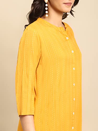 Image of rangita Yellow Rayon Calf Length Striped Straight Kurti for Women | Kurta for Women