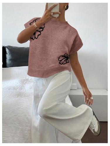 Image of SOLY HUX Women's Short Sleeve Sweater 3D Floral Sweaters Pullover Tank Tops Knit Vest Trendy Fashion Clothing