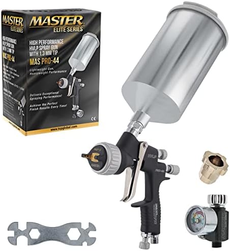 Master Elite PRO-44 Series High Performance HVLP Spray Gun with 1.3mm Tip with Air Pressure Regulator Gauge - Ideal for Automotive Basecoats, Clearcoats - Advanced Atomization Technology