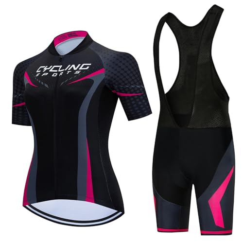 Vêtements Cyclisme Tenue Cycliste Femme Été,Maillot de Velo VTT Manche Courte MTB Jerseys et Cuissard à Bretelle avec 19D Coussin Gel,Ensemble Combinaisons...