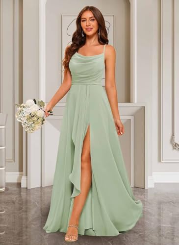 YMSHA A Line Long Chiffon Bridesmaid Dresses with Slit Spaghetti Straps Formal Party Dress YMS3703