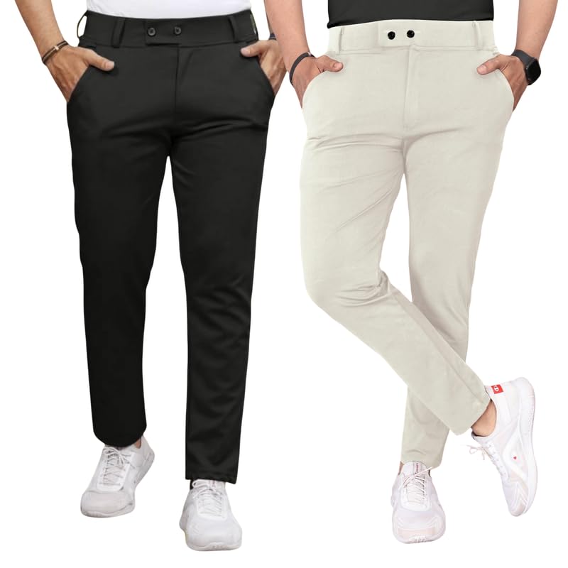 Image of Men Fit Stretch Trousers with Side Pockets | 2-Button Closure | Soft Lycra Blend for Casual & Formal Use