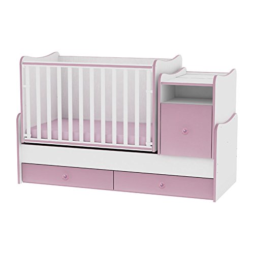 Lit bébé évolutif/ combiné Trend Plus blanc/rose Lorelli (Le lit se transforme en : lit d'adolescent, bureau, armoire multi-fonction)