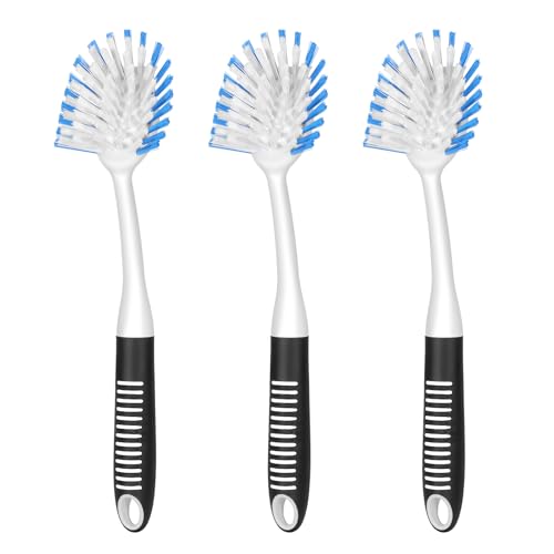 Image of SetSail Dish Brush with Handle, 3 Pack Stiff Bristles Dish Scrubber with Built-in Scraper Dish Scrub Brushes for Cleaning Dishes, Pots and Pans, Kitchen Sink, 3 Pack, Black Blue
