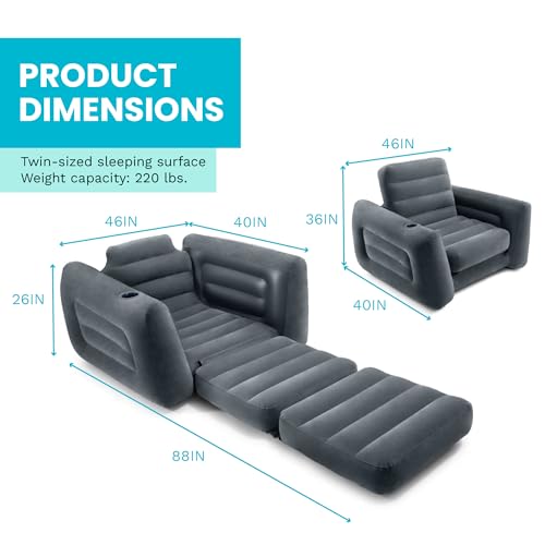 Image of Intex Inflatable Pull-Out Sofa: Velvety Surface, 2-in-1 Valve, Cupholder, 46 inch x 88 inch x 26 inch - Blow-Up Couch and Folding Queen Size Air Mattress Bed