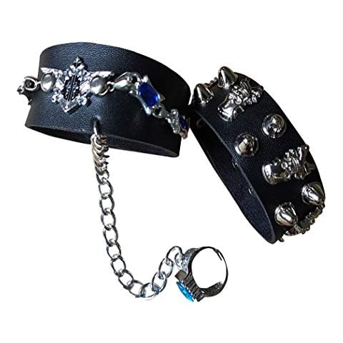 Leather Punk Spike Skull Stars Rivets Cuff Bracelet Gothic Metal Studded Link Chain Halloween Rock Adjustable Strap Wristband for Men and Women(Black-jz) Cover