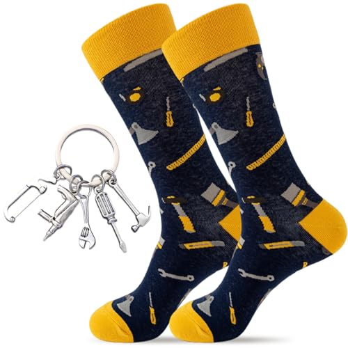 QITHGYD Handwerker Geschenke Set – Lustige Socken 38-45 mit Werkzeug-Motiven + Schlüsselanhänger, Lustige geschenke für Männer, Heimwerker, Bauarbeiter, Weihnachten & Geburtstag