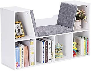 LIVHOOU Children's Bookcase, Bookcase with Seat with Cushion for Books, Toys and Storage for Children's Bedroom, White 61 cm