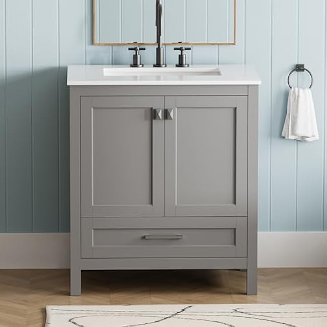 Harper & Bright Designs 30 Bathroom Vanity Set with Soft-Closing Doors & Drawer, Freestanding Bathroom Cabinet with Marble Vanity Top and Ceramic Sink, Gray