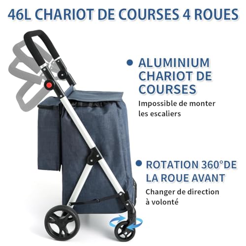 LEUYA ABC Einkaufstrolley, 46 l, Einkaufstrolley, 4 Räder, mit Kühltasche, verstellbare Griffe, Einkaufstrolley, faltbar, leicht, aus Aluminium (blau) – Bild 3