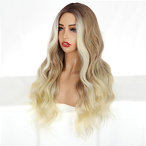 PORSMEER Long Brown to Blonde Highlighted Wigs for Women Ladies Ombre Blonde with Dark Roots Middle Part Natural Looking Loose Wave Synthetic Hair Wig for Everyday or Halloween,26inch - Image 4