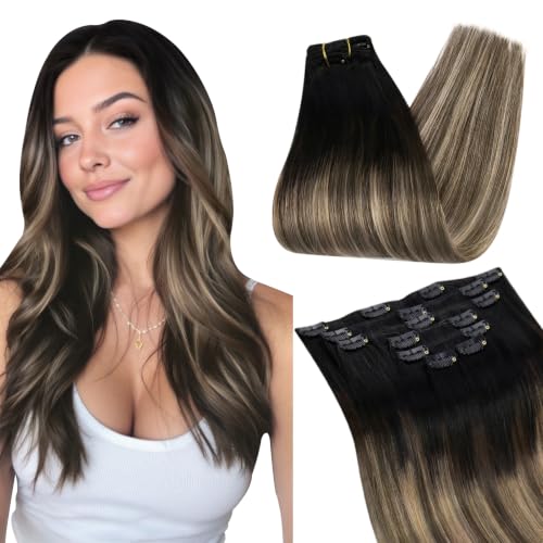 Image of Ugeat Balayage Clip in Hair Extensions 16 Inch 7pcs 120g | Human Clip in Hair Extensions , for Beginners , Natural Black Balayage Chocolate Brown