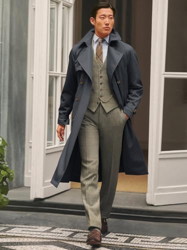 Image of Runcati Mens Trench Coat Double Breasted Notched Lapel Casual Belted Windbreaker Fall Classic Long Jacket Overcoat