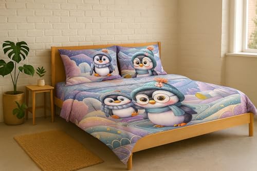 Image of King Size 7D Digital Print Bedsheet - 350 TC Cotton, Kids Friendly Design, Soft & Breathable 180 GSM Fabric, Machine Washable, Gift-Ready Packaging. (108x108 Inches). (Penguin)