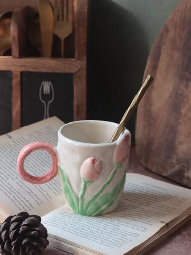 Image of WEAVING HOMES Tulip Engraved Ceramic Coffee Mug for Office, Stylish Tea Cup for Woman, Modern Travel Mug (250 Ml)