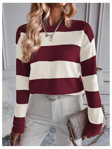Image of MakeMeChic Women's Striped Sweaters Colorblock Crew Neck Long Sleeve Casual Pullover Tops Burgundy X-Large