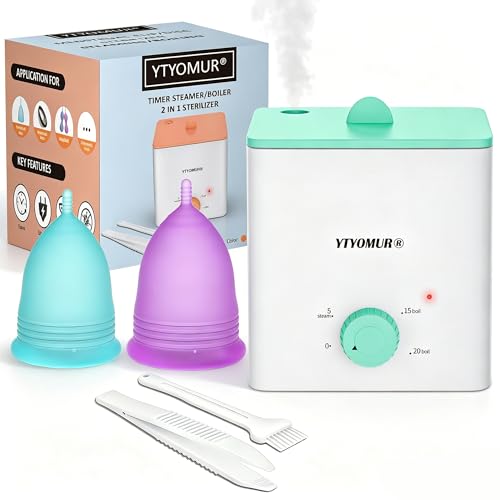 Esterilizador de copas menstruales con 2 copas menstruales reutilizables, kit de limpieza y lavado de copas menstruales, esterilización a vapor a alta temperatura con apagado automático para mujeres
