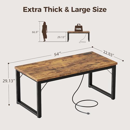 Image of Mericonia 54 Inch Computer Desk with Power Outlets, 1.2 inch Thick Office Table