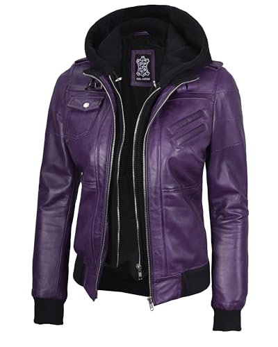 Decrum Women's Bomber Jacket - Hooded Leather Jacket Women | [1327023] Edinburgh Purple, M