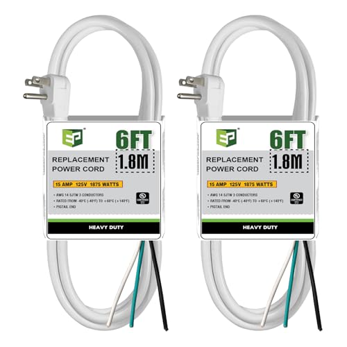EP 2 Pack 6 Ft Flat Plug Appliance and Power Tool Cord, 14 Gauge 3 Prong 15A Replacement Power Supply Cord Cable, 110V 115V 120V AC Pigtail, White