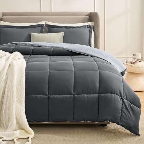Homelike Moment Queen Comforter Set Grey, Comforters Queen Size Set, Soft Lightweight Down Alternative Bed Comforter Full Size Reversible All Season 3 Pieces Sets Grey/Light Gray